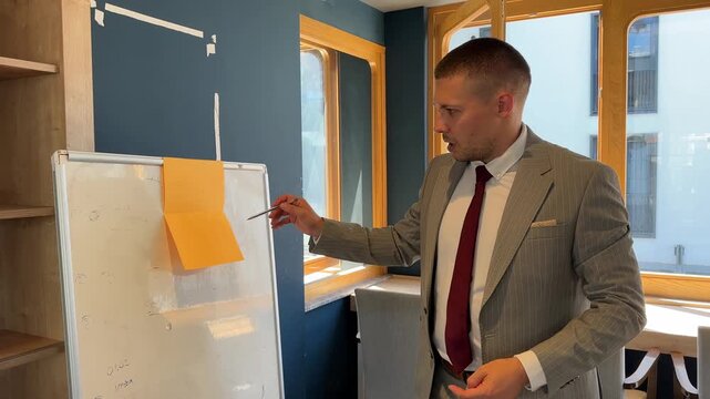 manager explaining new project guidelines to team using whiteboard
