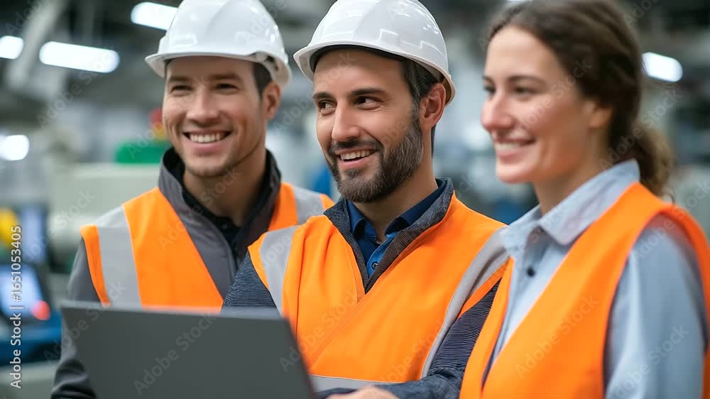 Poster a team of engineers collaborates on optimizing production processes in a cutting-edge factory settin