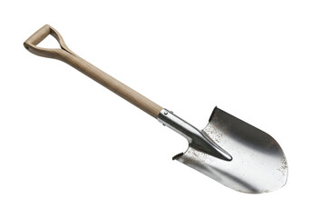 Close-up of metal and wooden handled shovel on a black background highlighting its design and