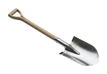 Close-up of metal and wooden handled shovel on a black background highlighting its design and