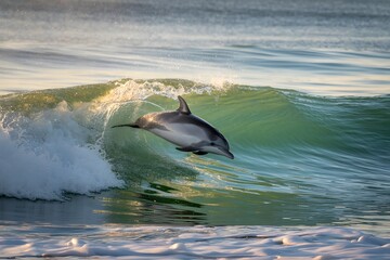 Fototapeta premium Dolphin leaping through a breaking ocean wave at sunset