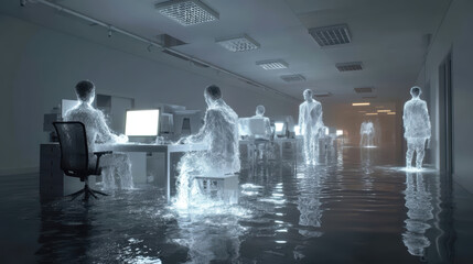 Hyper-realistic animation surreal office scene — cluster of desks with