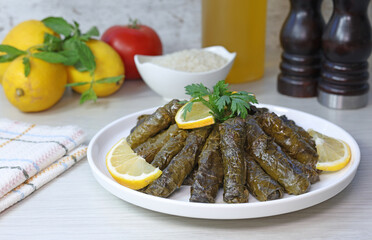 yaprak dolma sarma stuffed grape leaves rice,  Lebanese dolma sarma on plate. Lebanon turkish greek middle eastern cuisine. (Turkish name; zeytinyağlı yaprak sarma)