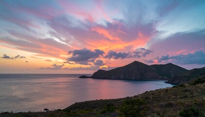 Dramatic sunset over tranquil bay
