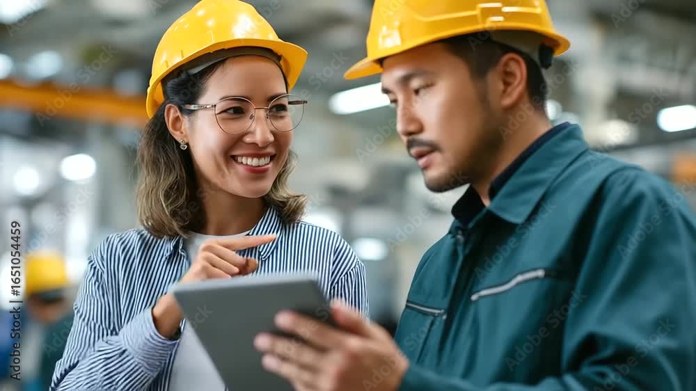 Poster engineers optimizing production lines through advanced automation technology.