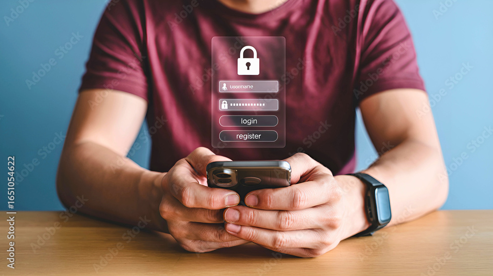 Aufkleber cybersecurity concept showing a man logging into a secure account on his smartphone, illustrating da