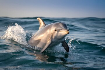 A playful dolphin leaps out of the ocean waves