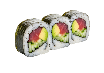Close-up of three sushi rolls with fresh tuna avocado and cucumber on a black background