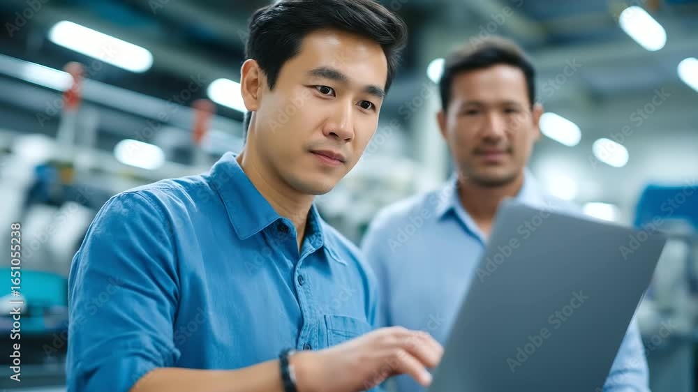 Poster cutting-edge teamwork in robotics engineering for advanced production line solutions.