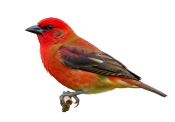 Close-up of vibrant male cardinal bird perched on a small branch isolated on a black background