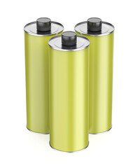 Group of three green round tin bottles for olive oil, motor oil or other liquids on white background