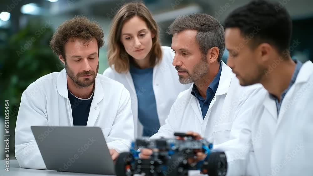 Poster a team of engineers brainstorms cutting-edge designs for an ai-powered robotic dog.