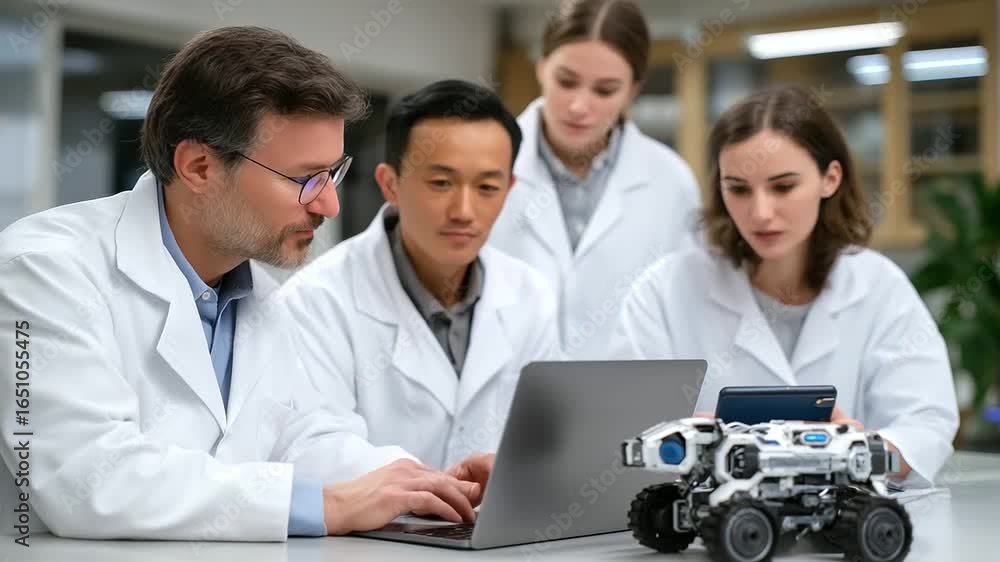 Poster a group of forward-thinking engineers work together to create a cutting-edge robotic canine.