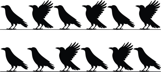 Bird silhouettes on wire, perched birds, flock resting, wing positions, nature wildlife, avian species, outdoor scene, feathered animals, peaceful, minimal