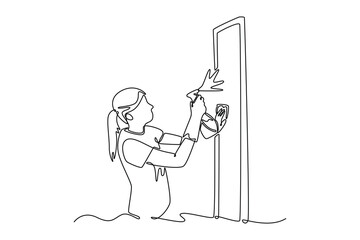 House symbol with plug like a plant. Sustainability home concept. Single line draw design. Vector graphic illustration