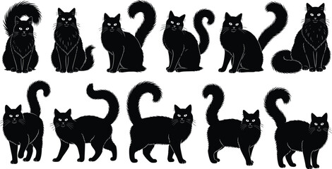 Black cat silhouette set with sitting, standing, and walking poses, vector feline icons for Halloween, pet design, logo, and decoration