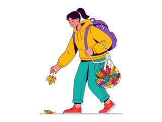 Obraz premium Autumn Stroll: A woman, depicted in vibrant illustration style, takes a leisurely walk through the crisp autumn season, gathering fallen leaves in a reusable bag.