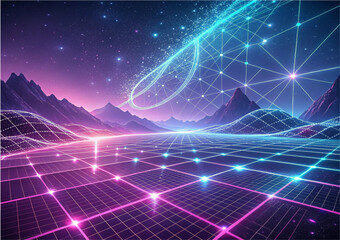 Fototapeta premium Digital Cyberspace Mesh Grid with Ultraviolet Light Glow Abstract Background