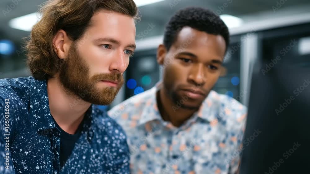 Poster team of it professionals working together on blockchain network architecture in a modern data center