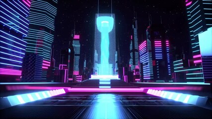 Digital gateway in a futuristic neon city with glowing buildings and a virtual reality aesthetic - Powered by Adobe