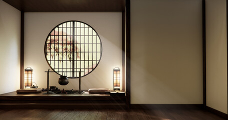 house room decorated in a Western style, a Japanese room with a fire pit in the middle of the room....