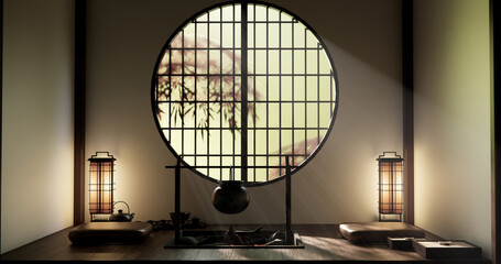 house room decorated in a Western style, a Japanese room with a fire pit in the middle of the room....