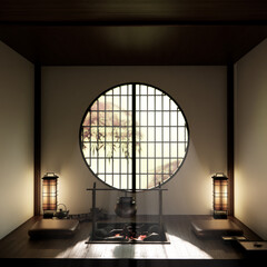 house room decorated in a Western style, a Japanese room with a fire pit in the middle of the room....