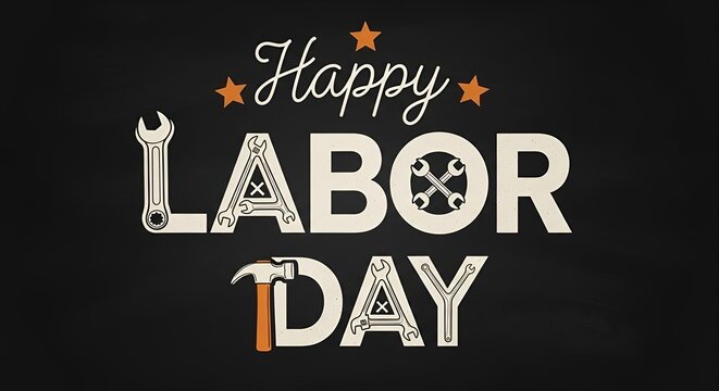 Happy Labor Day greeting with tools like wrench and hammer on a dark textured background
