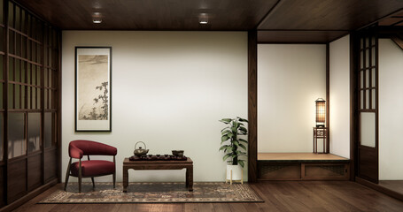Western style Japan room with a chair and low table in the living room in an old traditional Japanese style. 3d rendering