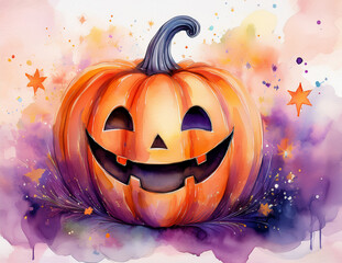 Cute Pop Watercolor Jack-o'-Lantern with Copy Space