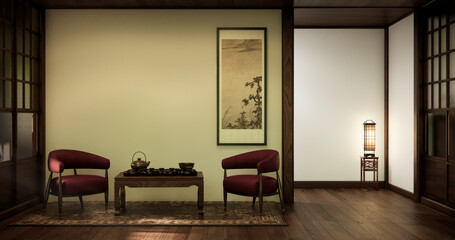 Western style Japan room with a chair and low table in the living room in an old traditional Japanese style. 3d rendering