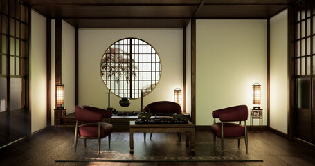 Western style Japan room with a chair and low table in the living room in an old traditional Japanese style. 3d rendering