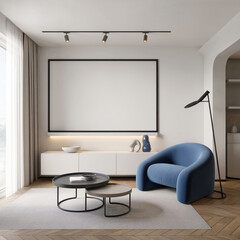 Modern minimalist living room interior with blue armchair, large blank canvas, and stylish coffee table.