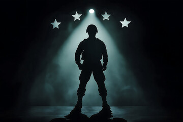 Fototapeta premium Military soldier silhouette with stars background army hero concept