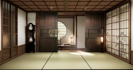 Traditional Japanese tatami room interior with wooden elements shoji sliding doors, and soft warm...