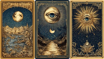 Three tarot cards, gold-toned borders, celestial imagery