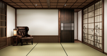 Traditional Japanese tatami room interior with wooden elements shoji sliding doors, and soft warm...
