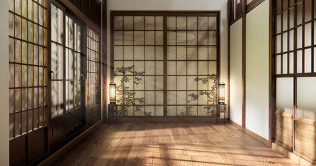 Japanese room,Minimalist Japanese interior with wooden elements,and natural light through shoji doors. 3D rendering