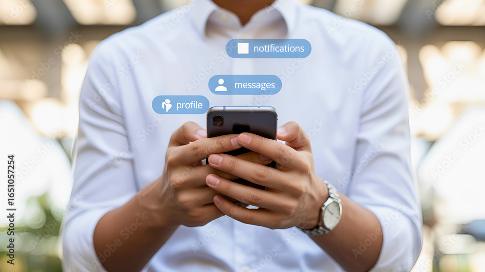 Poster businessman using a smartphone for social media networking, checking messages and notifications. con