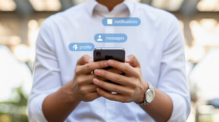 Businessman using a smartphone for social media networking, checking messages and notifications. Concept of digital communication.