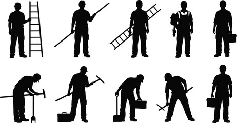 Obraz premium Silhouette of construction workers with tools, ladders, and equipment at work site, industrial labor scene, repair, maintenance, builder tradesman