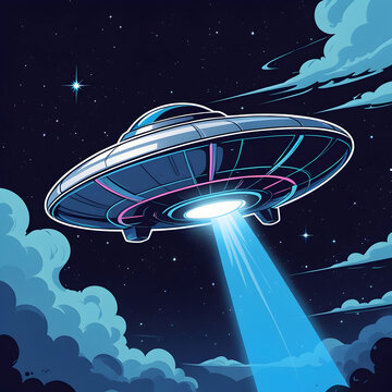 Udo spacecraft poster with flying saucer projecting ray of light vector illustration