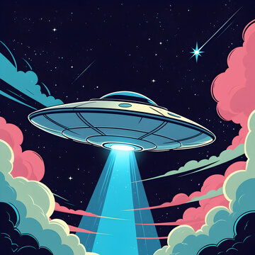 Udo spacecraft poster with flying saucer projecting ray of light vector illustration