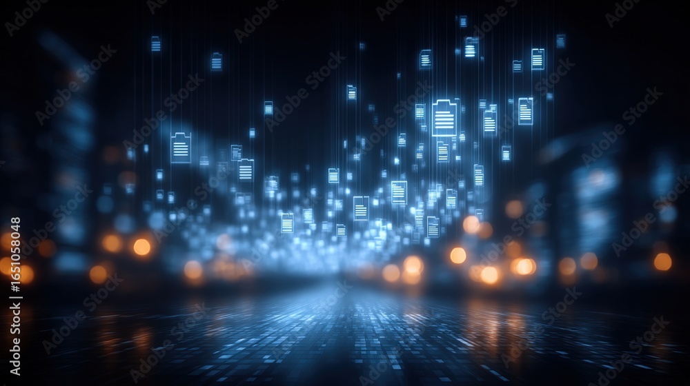 Poster abstract network grid with files and folders, futuristic software interface, digital document manage