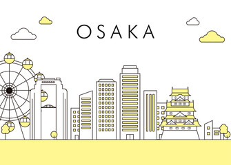 大阪城と観覧車が並ぶ大阪の街並み線画イラスト