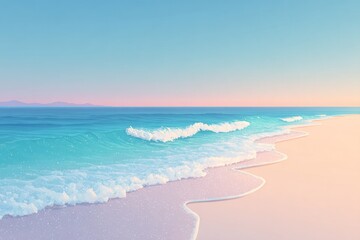 Gentle waves caress soft pink sands under serene pastel sky