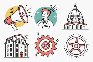 Set of icons representing communication, business, and industry