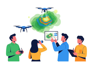 Aerial Survey and Precision: A team of technicians utilizes drone technology for aerial survey and data analysis. The scene showcases drones in flight, and team members with tablet, binoculars.