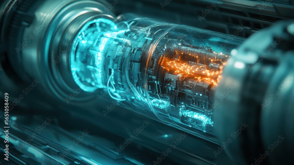 Poster futuristic transparent cylinder with blue and orange energy flow in a high-tech mechanism featuring 