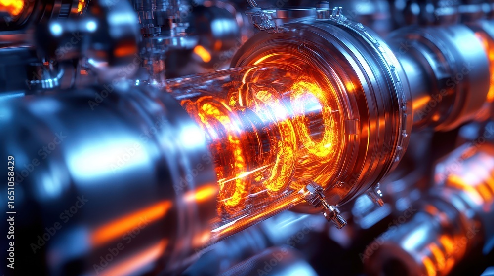 Poster close-up view of industrial pipe system with luminous elements and modern tech details showcasing ad